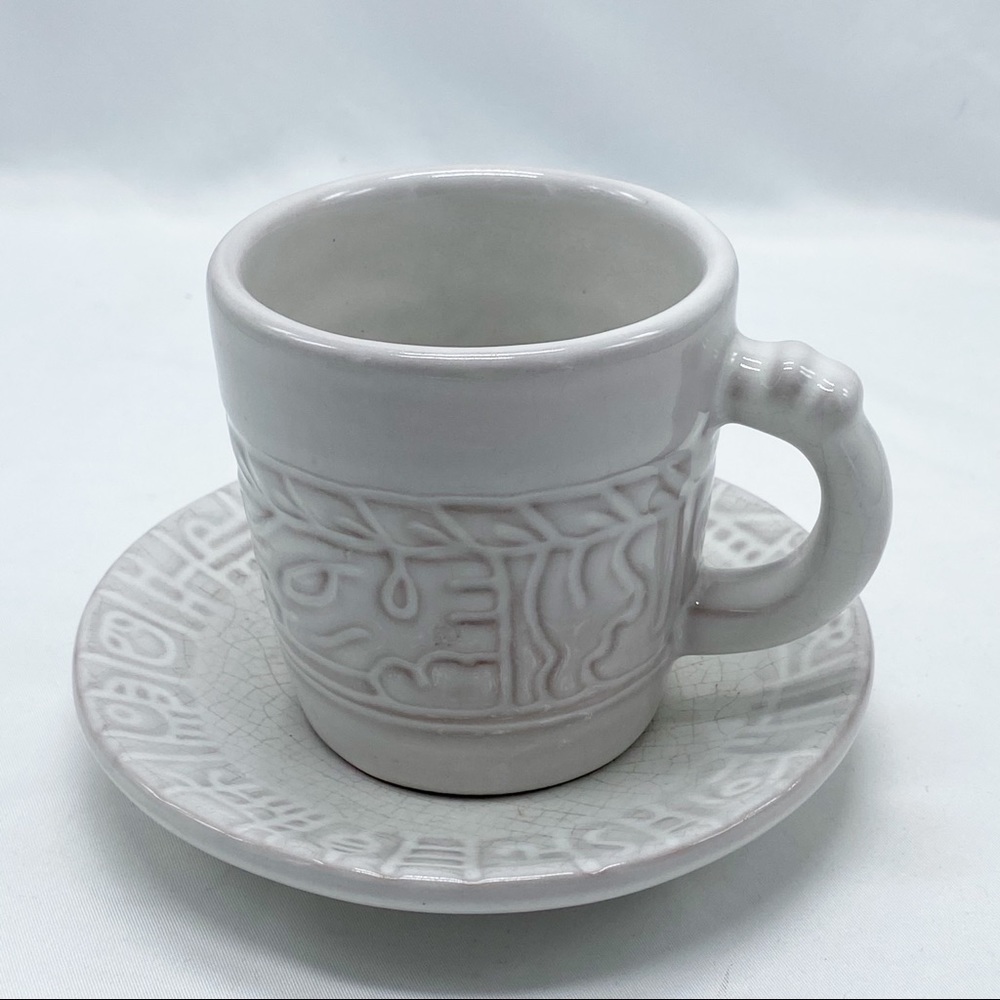 Vintage Mid Century Frankoma Mayan Aztec White Sand Coffee Cup and Saucer